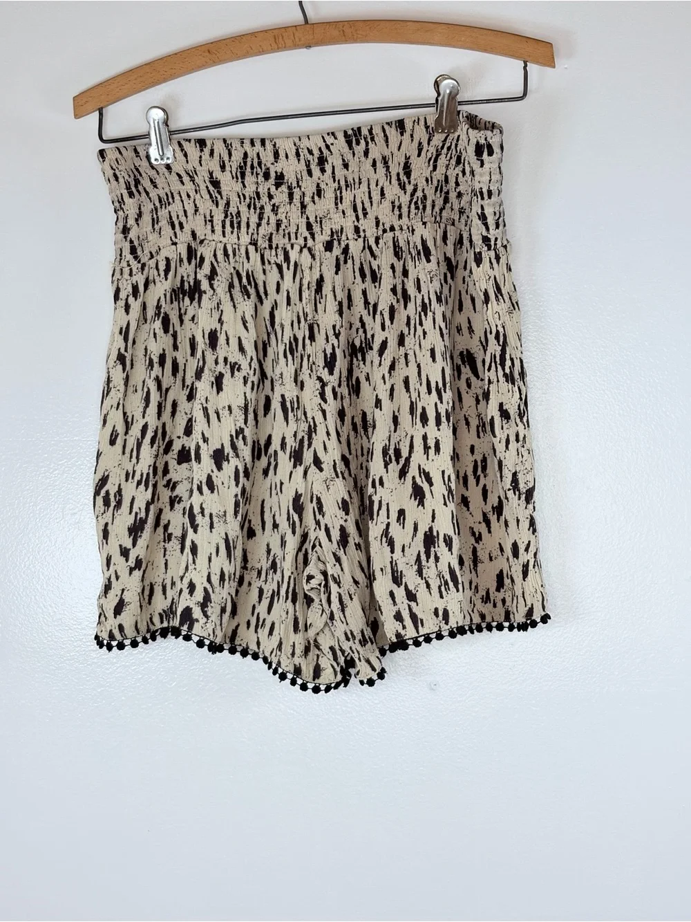 Three Dots Animal Print Smocked Tassel Trim Shorts